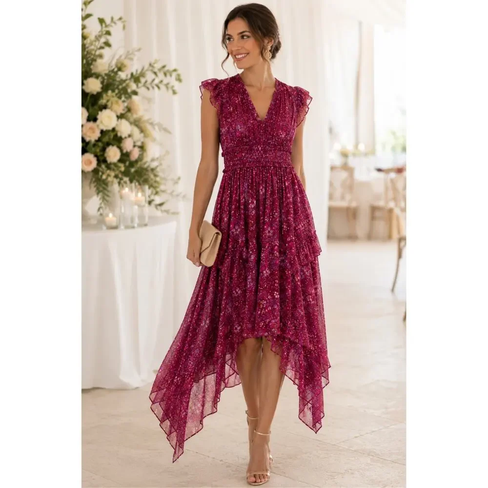 Ulla Johnson 0 Ressie 100% Silk Midi Dress $675 Asymmetric Scarf Hem Sumac NWT